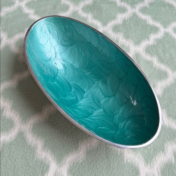 Modern aluminum Teal enamel asymmetrical Oval boat shaped Decorative Bowl - Picture 2 of 11